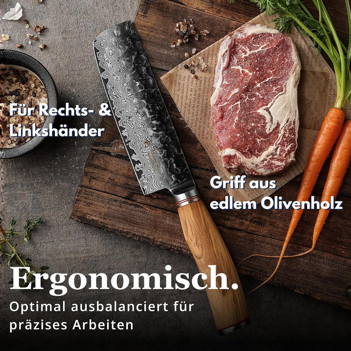Wakoli Olive HS Serie Damastmesser Nakirimesser 17 cm Klinge extrem scharf aus 67 Lagen I Damast Pro