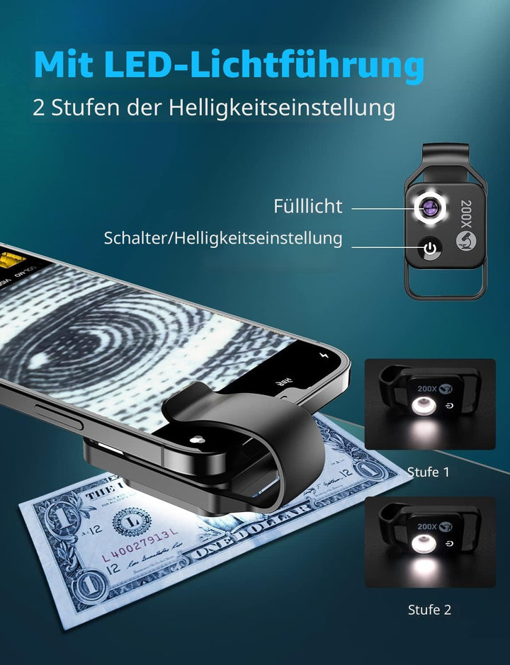 APEXEL 200X Mini-Mikroskop für Smartphone-Kamera, Taschengrösse, Handy-Mikroskop für Explore Micworl