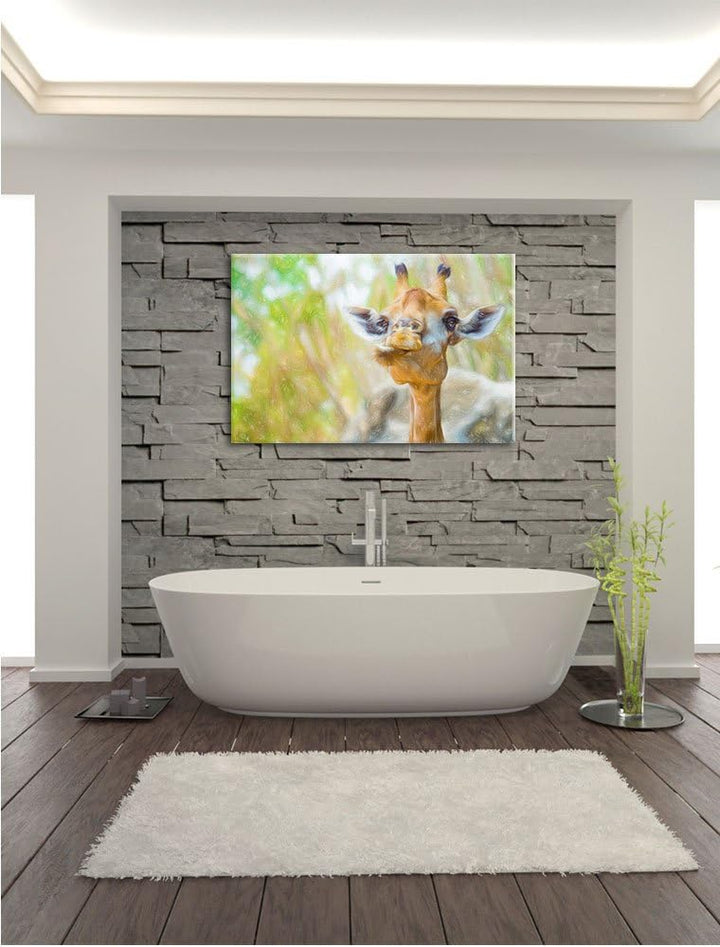 Pixxprint Giraffe in der Natur Kunst Buntstift Effekt, Format: 100x70 auf Leinwand, XXL riesige Bild