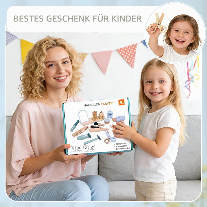 Holz Friseur Spielzeug für Kinder mit Haartrockner, Glätteisen, Kamm, Spiegel und Aufbewahrungstasch