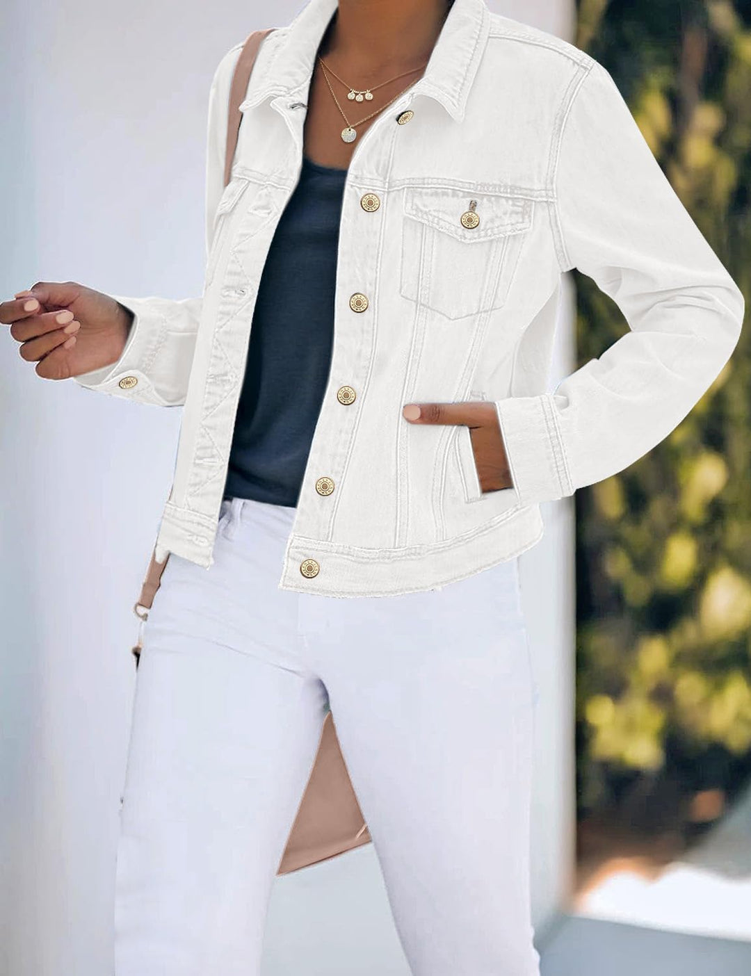 Roskiky Jeansjacken Damen Jean Stretchy Langarm Trucker Jacke mit Tasche M Weiss, M Weiss