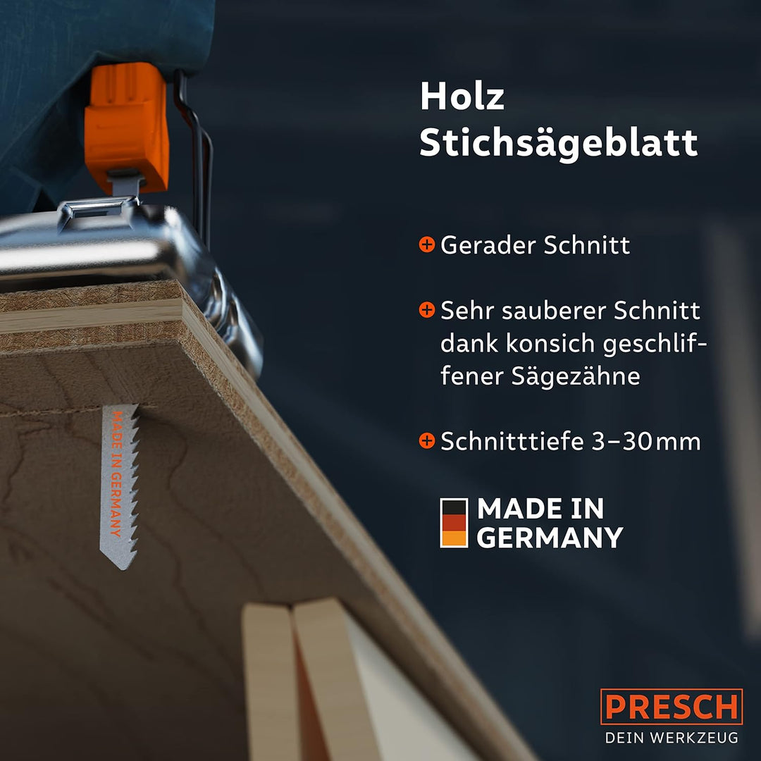 Presch Stichsägeblätter Holz 10 Stk. - Sehr sauberer, gerader Feinschnitt (3-30mm) - Langlebige T-Sc