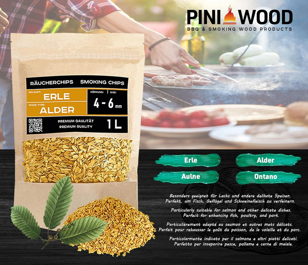 PINI Räucherchips Set 5x1 Liter Woodchips optimale Körnung 4-6 mm sortenreine Räucherspäne Buche Eic