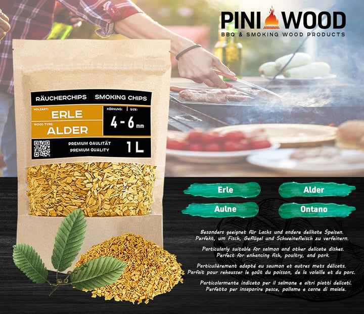 PINI Räucherchips Set 5x1 Liter Woodchips optimale Körnung 4-6 mm sortenreine Räucherspäne Buche Eic