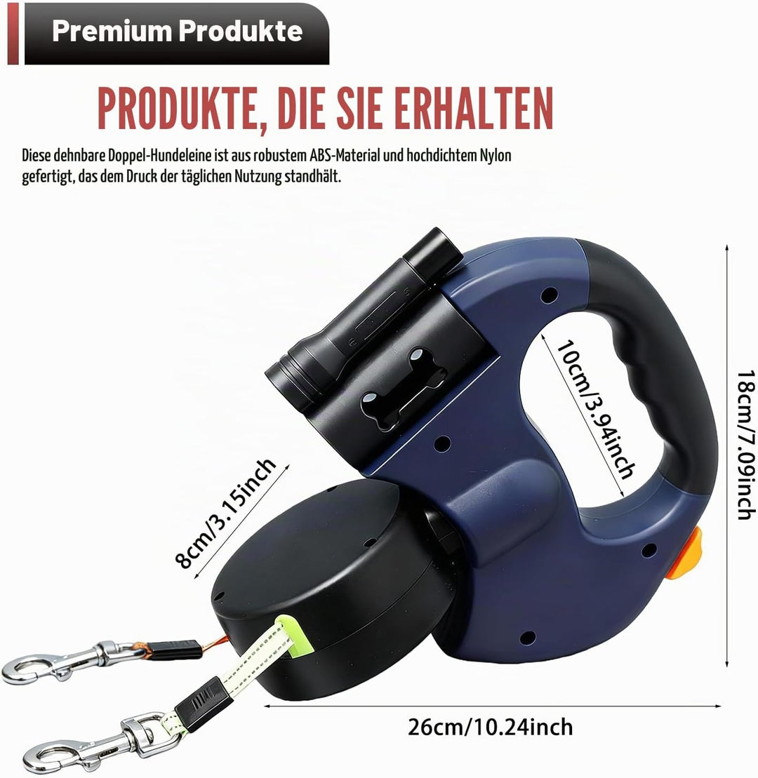 Einziehbare Hundeleine für 2 Hunde, 3m Doppelleine für 2 Hunde mit Licht, Anti Rutsch Griff, auszieh