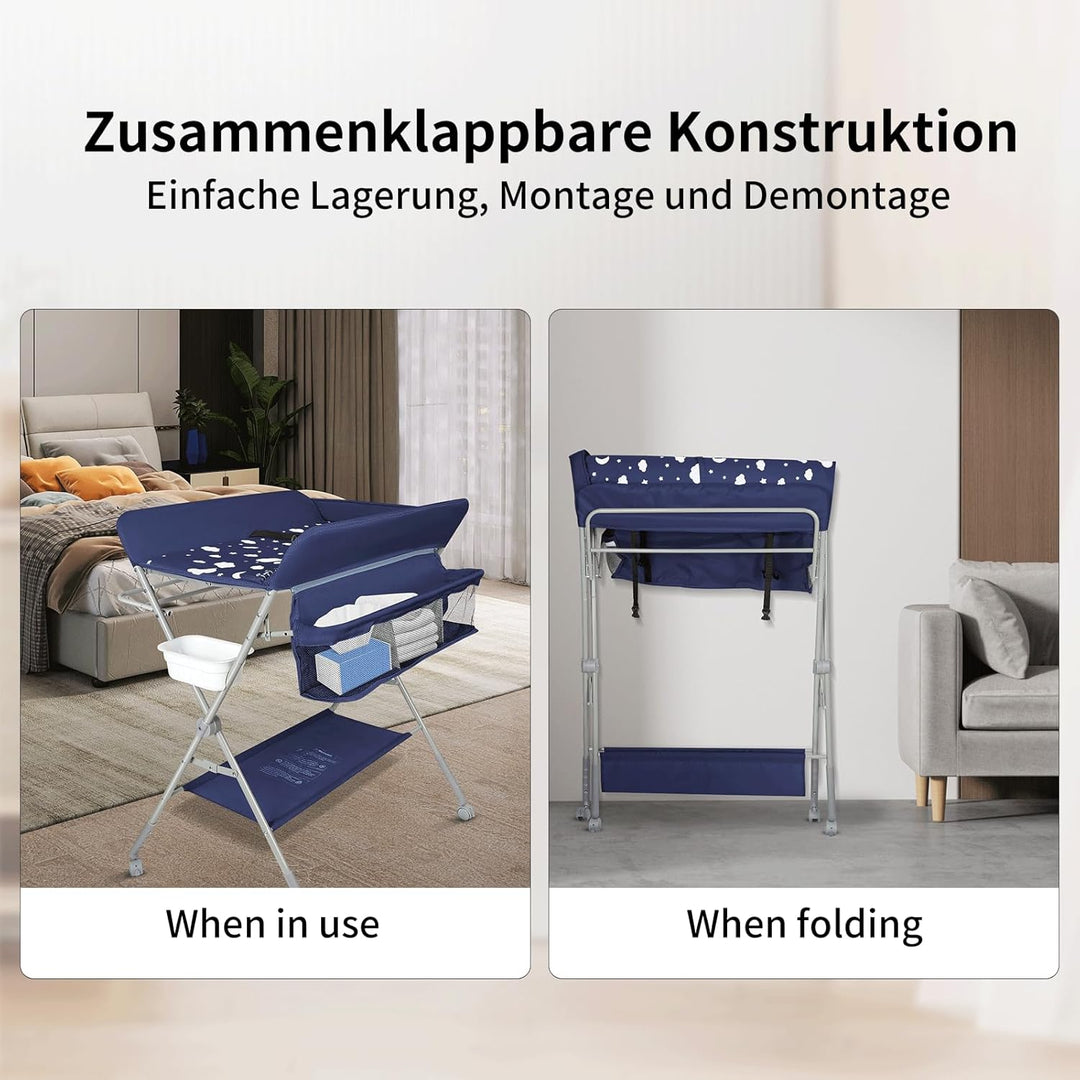 OHMG Baby Wickelkombi Klappbare Wickelkommode,Wickeltisch mit Rollen,Mobiler Wickeltisch mit Wickela