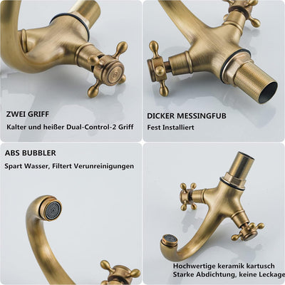 BOAOTX Wasserhahn Bad Antik Messing, Waschtischarmatur Retro, Waschbeckenarmatur zweigriff, Badarmat