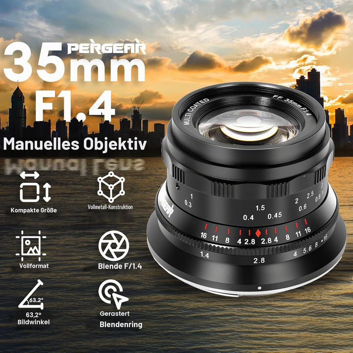 PERGEAR 35mm F1.4 Vollformat-Objektiv mit manuellem Fokus, kompatibel mit spiegellosen Vollformat-L-