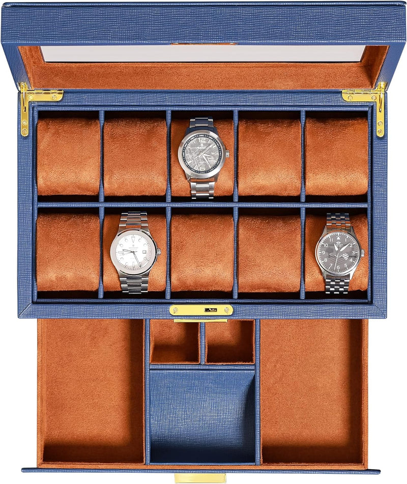 ROTHWELL Uhrenbox aus Leder, 10 Fächer, Luxus-Uhrenetui mit Schublade, abschliessbarer Schmuck-Uhren