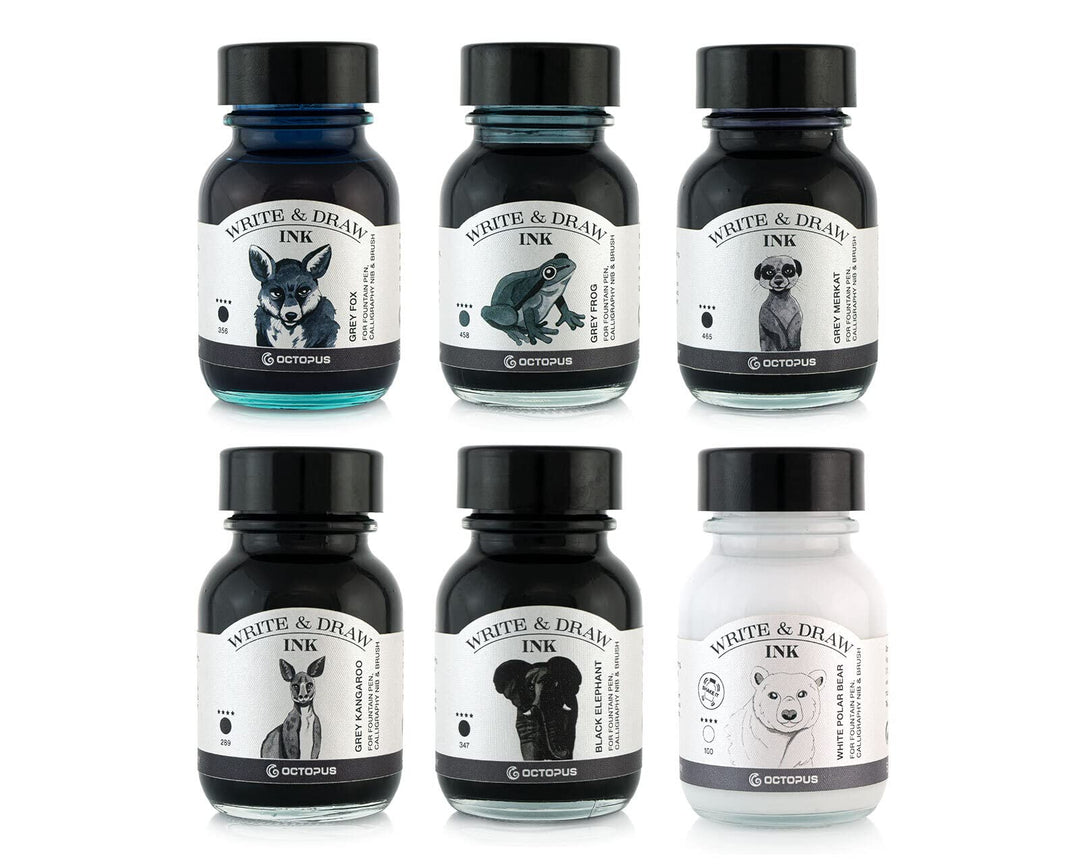 Octopus Write & Draw Ink BASIC GREY Tintenset, wasserfest, 6 x 50 ml | Sechs intensive Zeichentusche