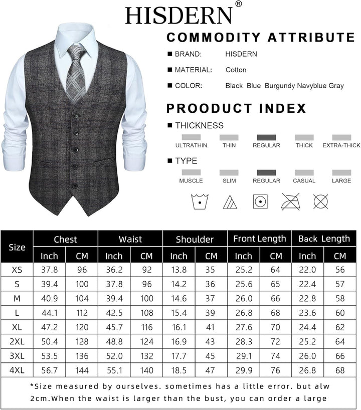 HISDERN Karierte Weste Herren Formale Klassische Weste Baumwolle Hochzeit Hahnentritt Anzugweste L A