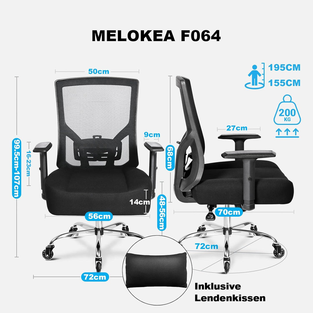 MELOKEA Bürostuhl 200KG XL [Lendenkissen Inklusive], Bürostuhl Ergonomisch 56 cm Sitzkissen, 56 cm S