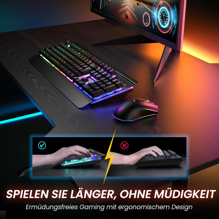 RisoPhy Gaming Tastatur Maus Set Kabellos, QWERTZ, Metallplatte, 7 Farben Beleuchtet, Wiederaufladba