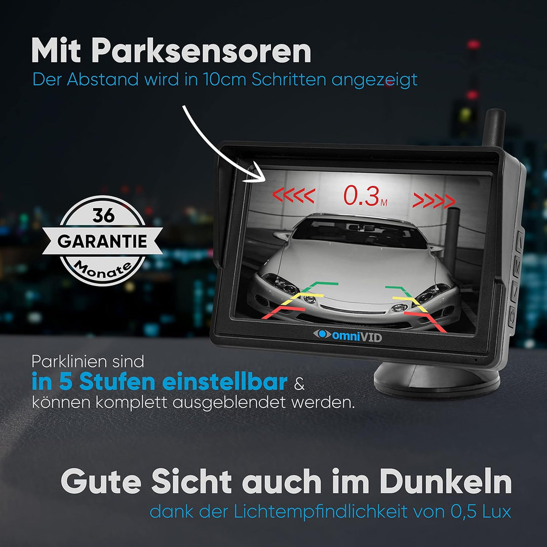 omniVID® Solar6 Premium Solar 5 Zoll Rückfahrkamera-System mit Parksensoren, Kabellos mit 5 Zoll Mon