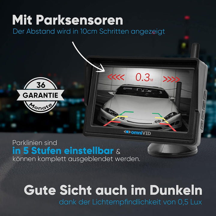 omniVID® Solar6 Premium Solar 5 Zoll Rückfahrkamera-System mit Parksensoren, Kabellos mit 5 Zoll Mon