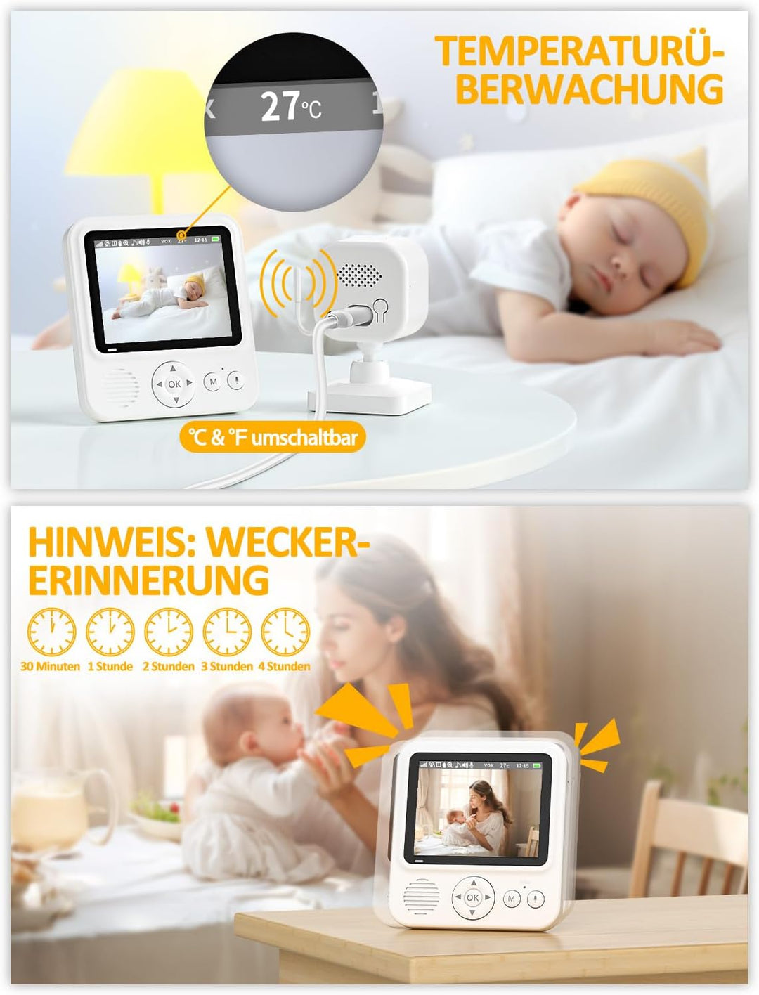BURNNOVE Babyphone mit Kamera 720P IPS Video Babyphone ohne WLAN 2000mAh Akku 4X Zoom VOX-Modus Nach
