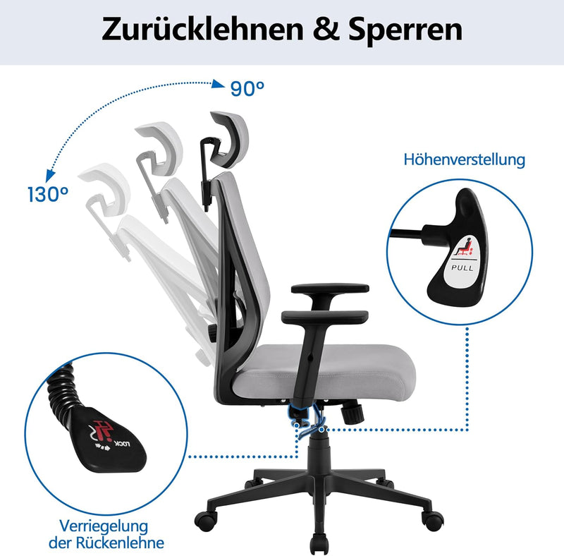 Yaheetech Bürostuhl Ergonomisch, Schreibtischstuhl mit Verstellbarer Kopfstütze, Armlehnen, Lendenwi