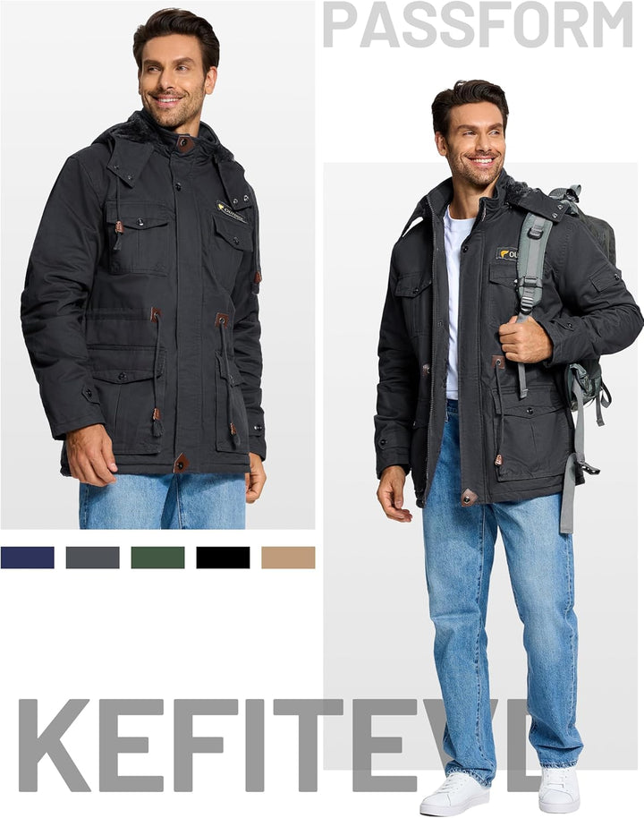 KEFITEVD Winterparka Herren Fleece Gefüttert Winterjacke mit Viele Taschen Kapuze Warm Winter Mantel