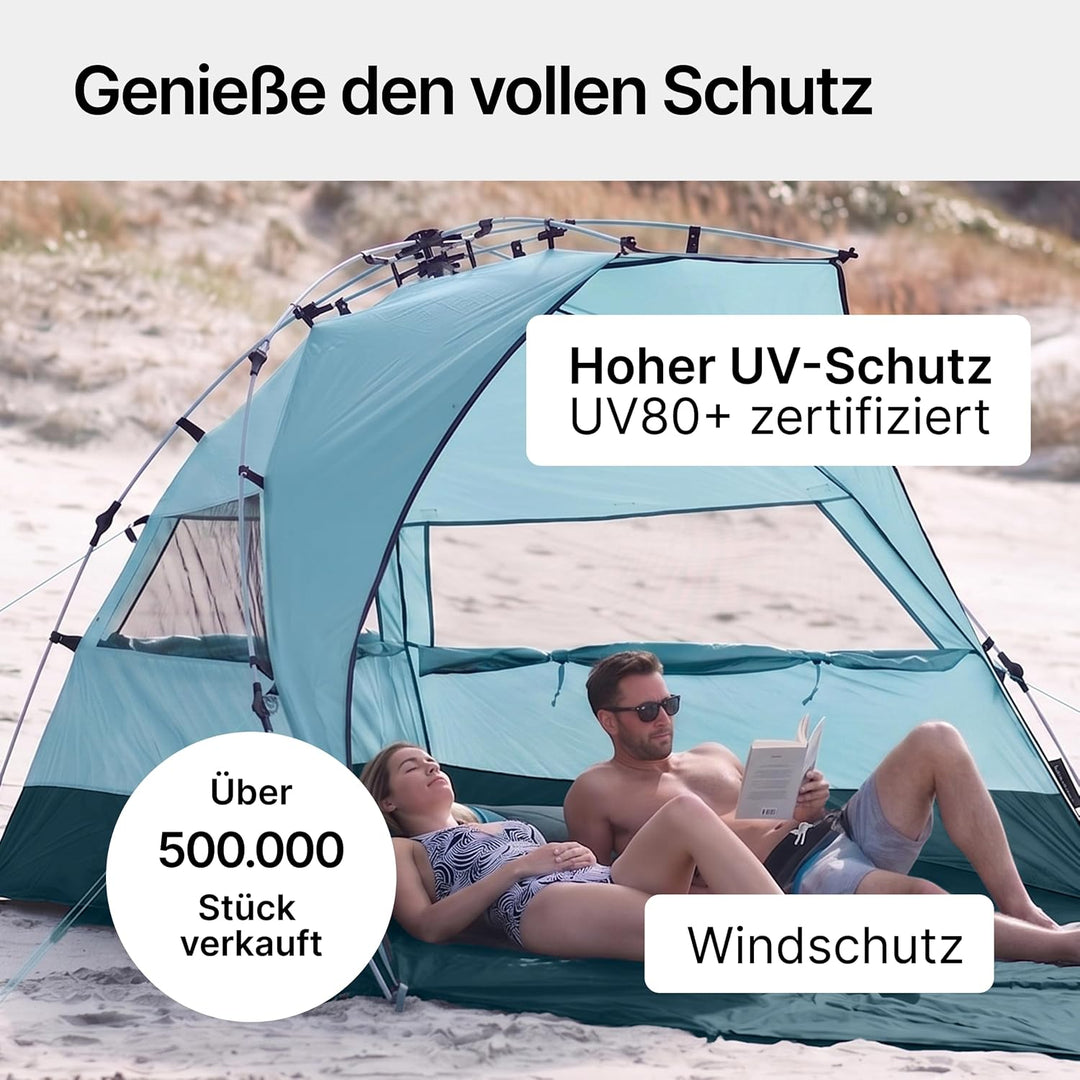 qeedo Quick Bay Pro Grosse Strandmuschel mit UV-Schutz (UV80) für 3 Personen inkl. Sandheringe und R