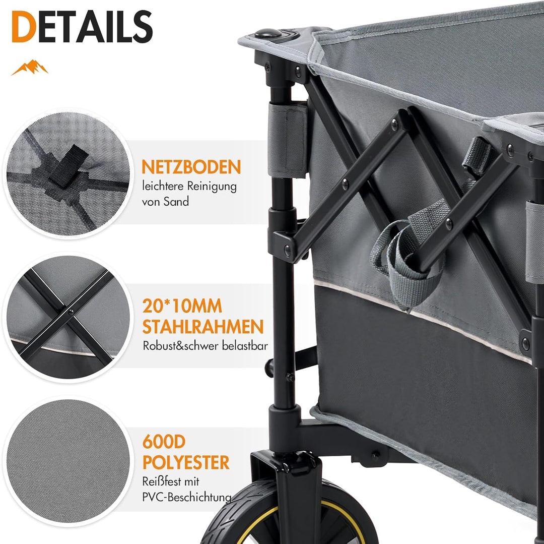 Portal Bollerwagen faltbar XXL Grosse Ladefläche 120kg belastbar Handwagen mit Getränkehalter Seiten