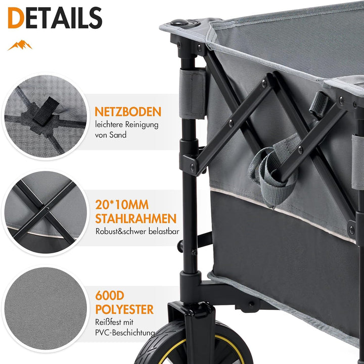 Portal Bollerwagen faltbar XXL Grosse Ladefläche 120kg belastbar Handwagen mit Getränkehalter Seiten