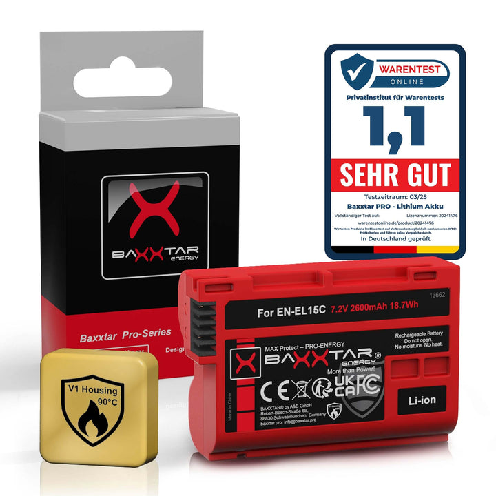 Baxxtar MaxProtect EN-EL15c Kamera-Akku (2400mAh) mit aktivem NTC-Sensor und V1 Gehäuse - auch für Z