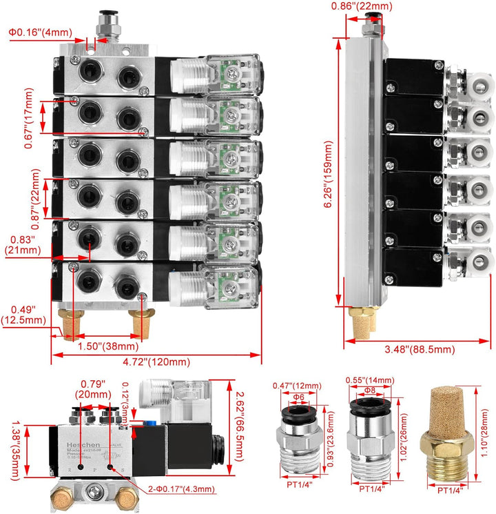 Heschen Elektrisches Pneumatisches 6 Magnetventil 4V210-08, DC 12 V, PT1/4, 5 Wege 2 Positionen, Ver