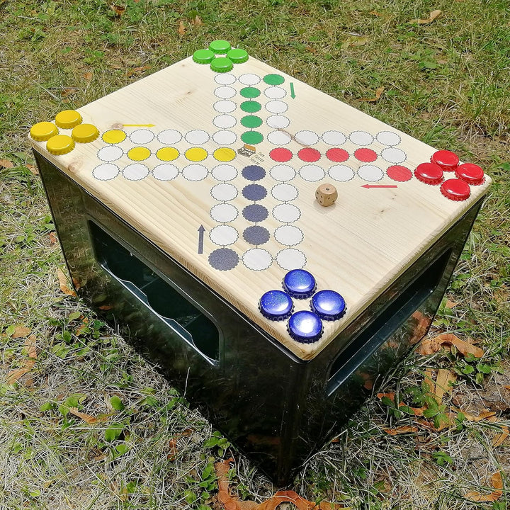 Bierkastensitz Raus mit dir inkl. Spielfiguren und Würfel als Geschenkidee, Sitzauflage aus Holz für