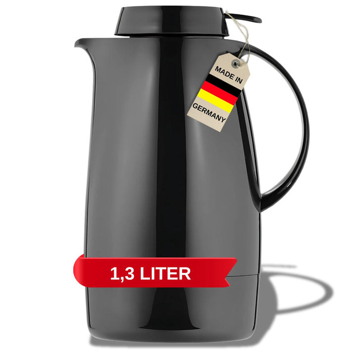 Helios Servitherm Thermoskanne Schwarz 1,3L – 6h Heiss - Hält Getränke heiss & kalt – Einhandbedienu