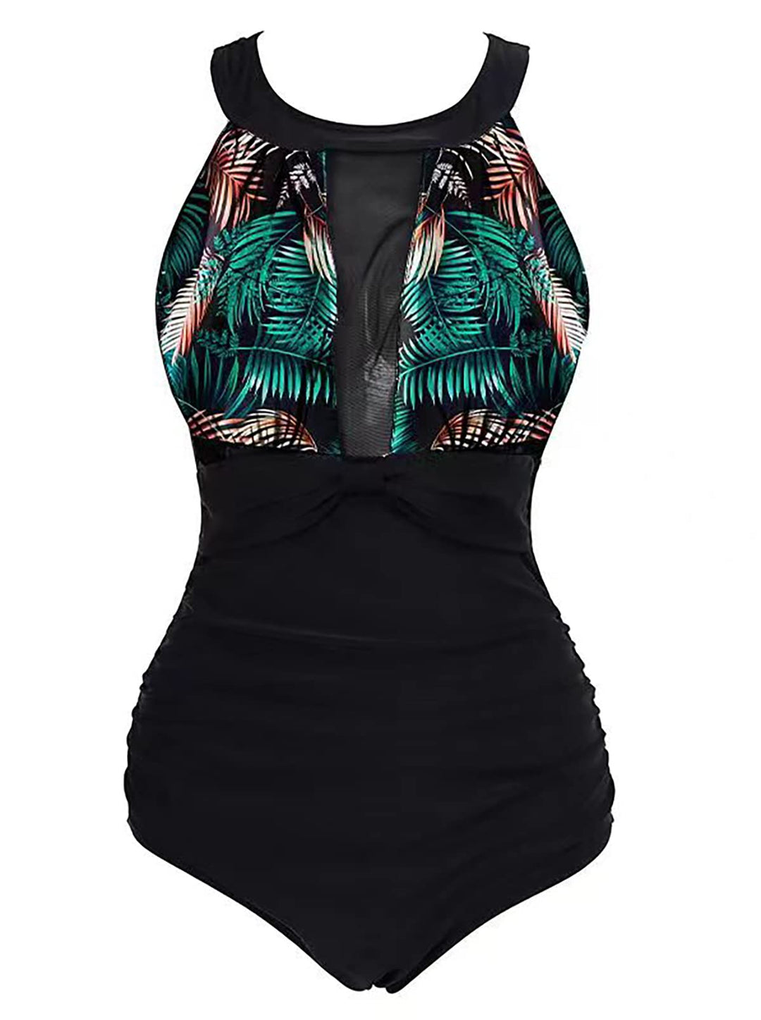 VILOREE Damen Schlankheits Badeanzug Raffung Einteiler High Neck Bademode Strandmode XL Blätter, XL