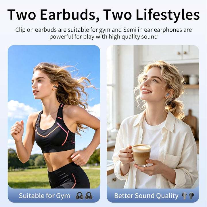 2-in-1 kabellose Ohrhörer-Set, Open-Ear Clip-On & Kurzschaft Halbin-Ear Ohrhörer-Kombo, Bluetooth 6.