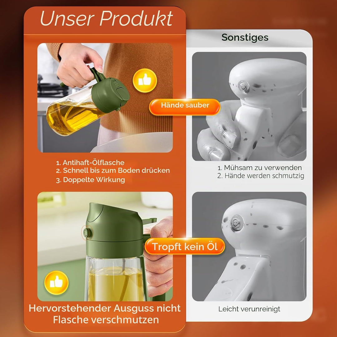 YARRAMATE 2 Stück 2 in 1 Ölsprüher für speiseöl, 470ml Öl Sprühflasche lebensmittelecht, Ölspray zum