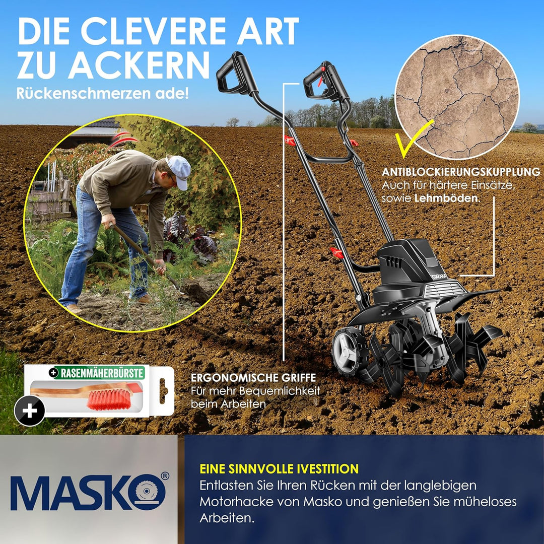 MASKO® elektrische Motorhacke 1500 Watt | 40cm Arbeitsbreite 20cm Arbeitstiefe | Bodenhacke | Ackerf