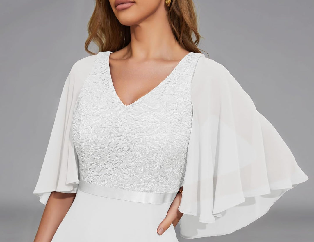 DRESSTELLS Abendkleid Damen Festlich Spitzenkleid für Hochzeit Chiffon Cape Ärmel Ballkleid Elegant
