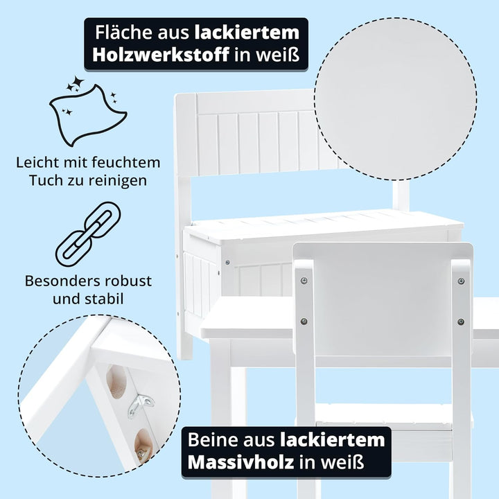KHG Kinder-Möbel Set mit Tisch, Bank & Stuhl weiss Landhaus für Kinderzimmer, Pflegeleichte Oberfläc