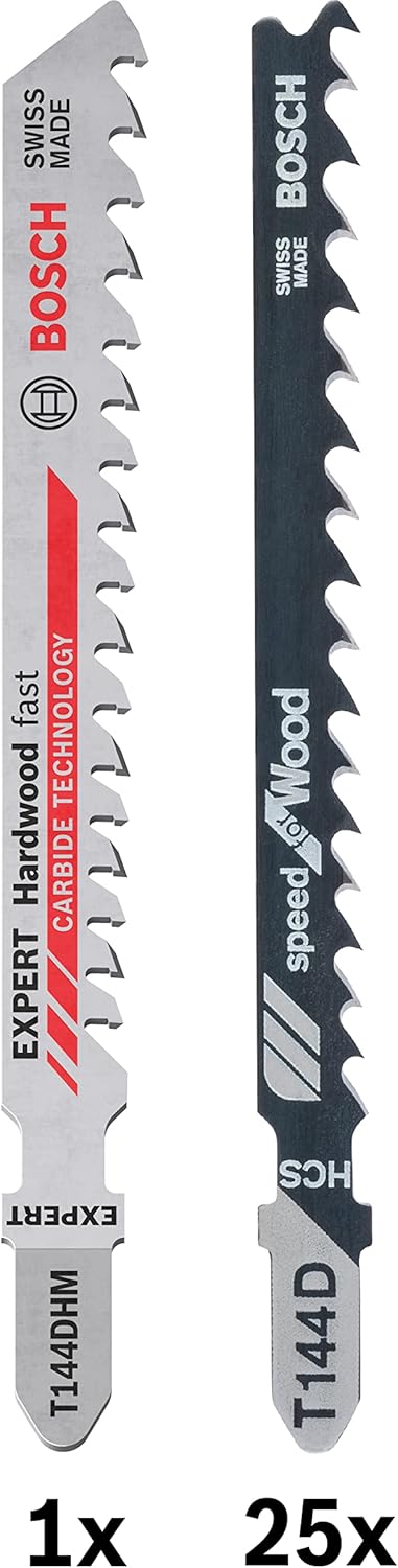 Bosch 26x T144D + EXPERT Hardwood fast T144DHM Stichsägeblatt-Set, 25 + 1 Stück (für Hartholz, Weich