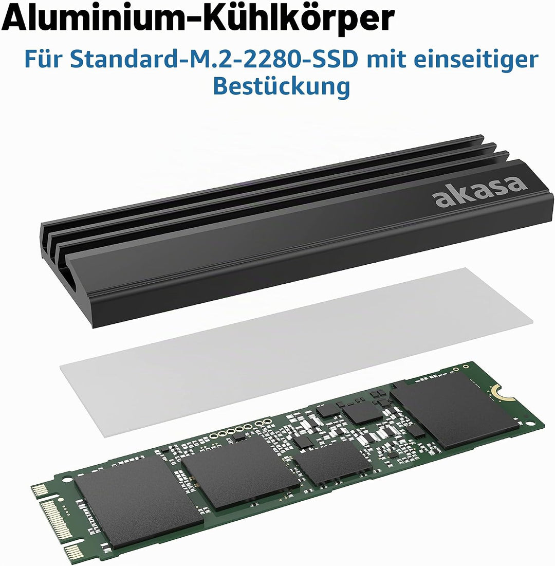 Akasa M.2 SSD Kühlkörper, Aluminium Kühlkörper Kühlrippen, Mit Thermoklebeband, Passend für M.2 2280