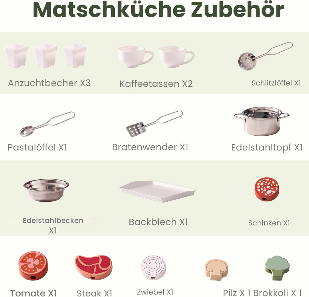 ROBUD Hölzerne Matschküche für Kinder, 17 PCS Pretend Play Kitchen Set mit Wasserspüle, Tafel & Küch
