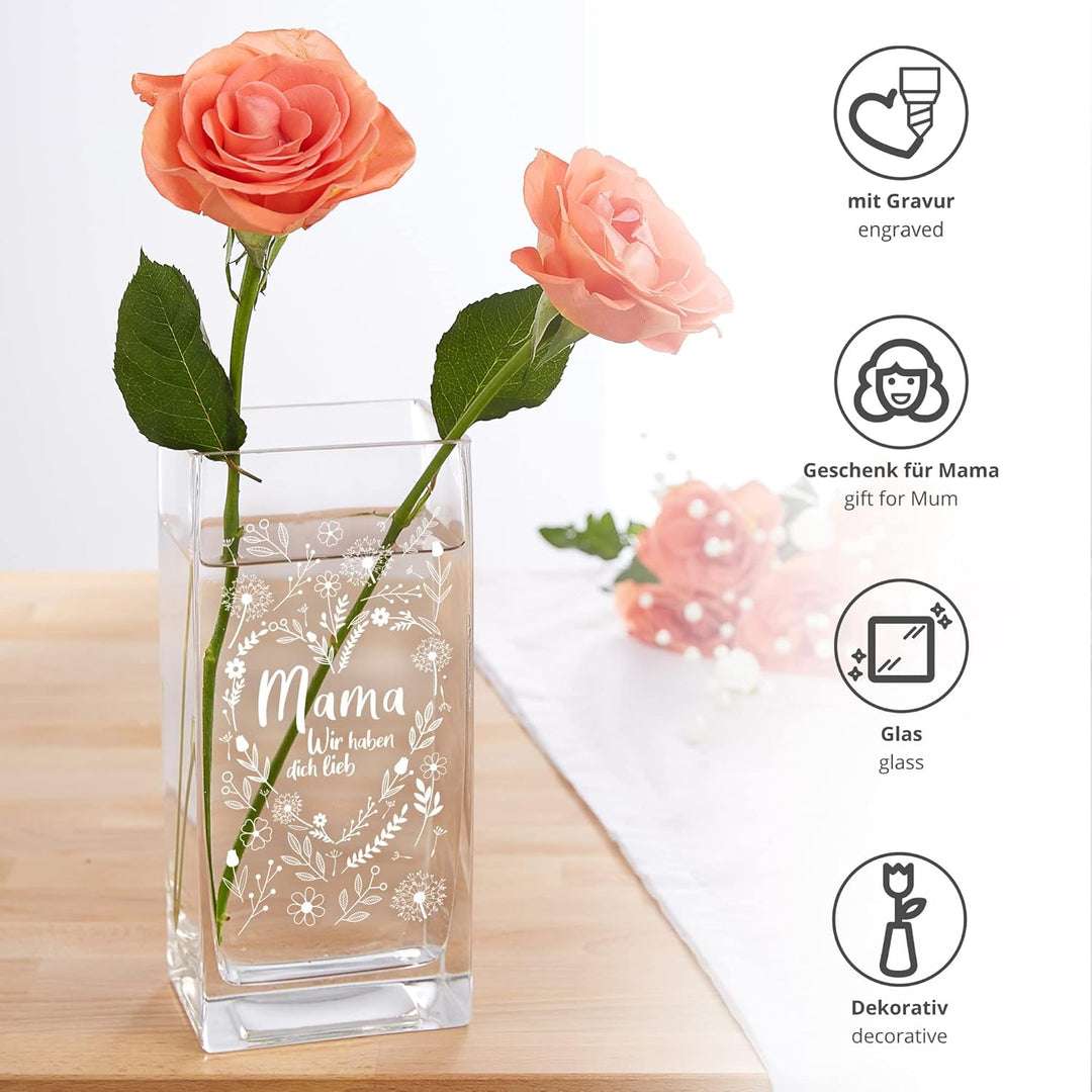 Blumenvase für Mama: Vase mit Gravur, Muttertagsgeschenk, Eckige Glasvase für die Beste Mama, Blumen