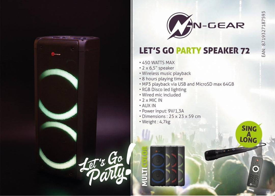 N-Gear LGP72 Let’s go Party Bluetooth Lautsprecher | Soundsystem mit Karaoke Mikrofon, Disco-LEDs, P