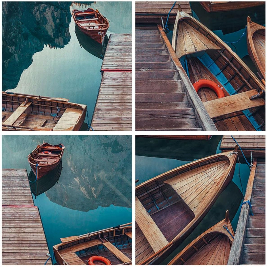 Bilder auf Leinwand 100x70cm Leinwandbild mit Rahmen Berge Boot Wasser Gross Wanddeko Bild Schlafzim