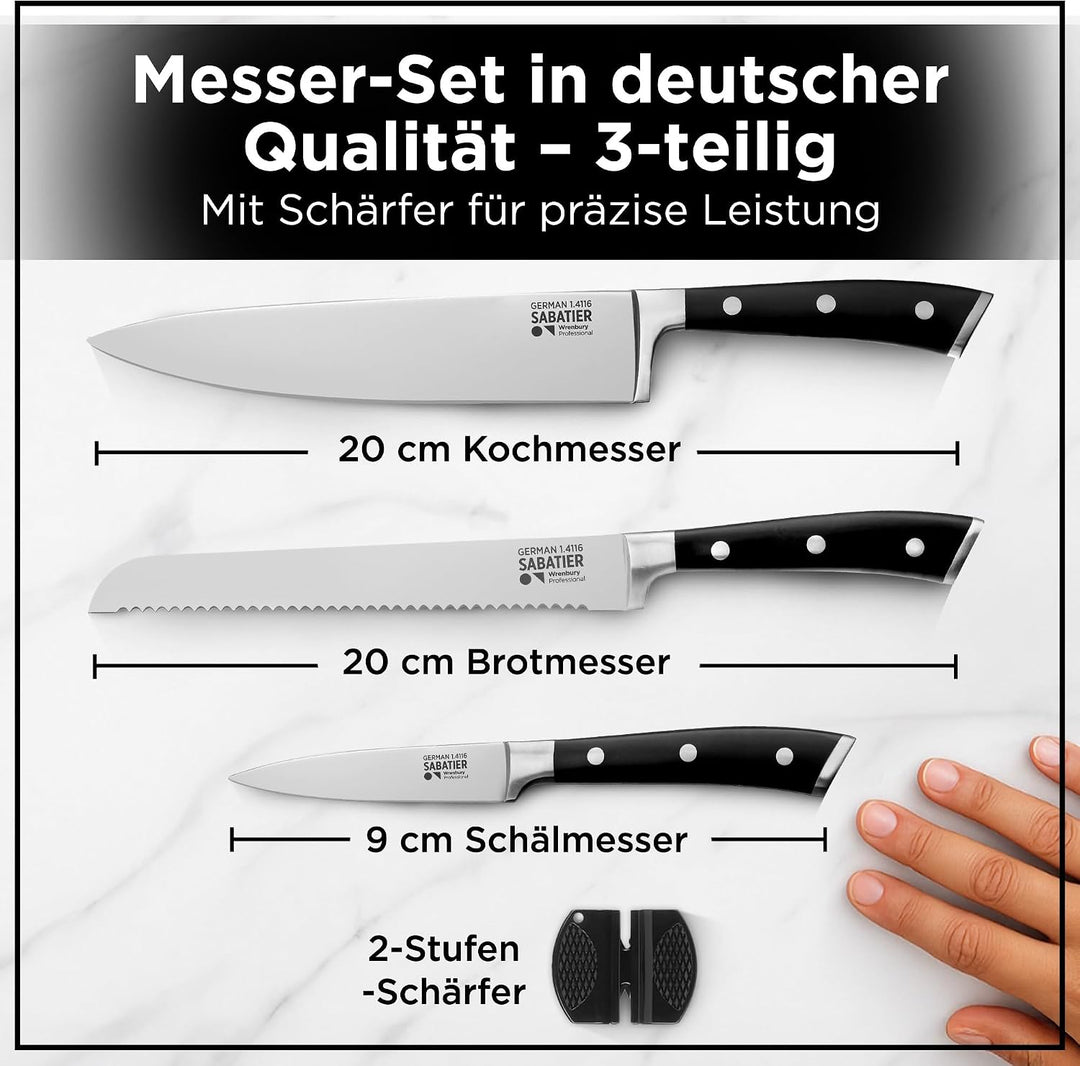Wrenbury Messerset – inklusive Schneidemesser, Brotmesser und Schälmesser – 3-teilig aus deutschem E