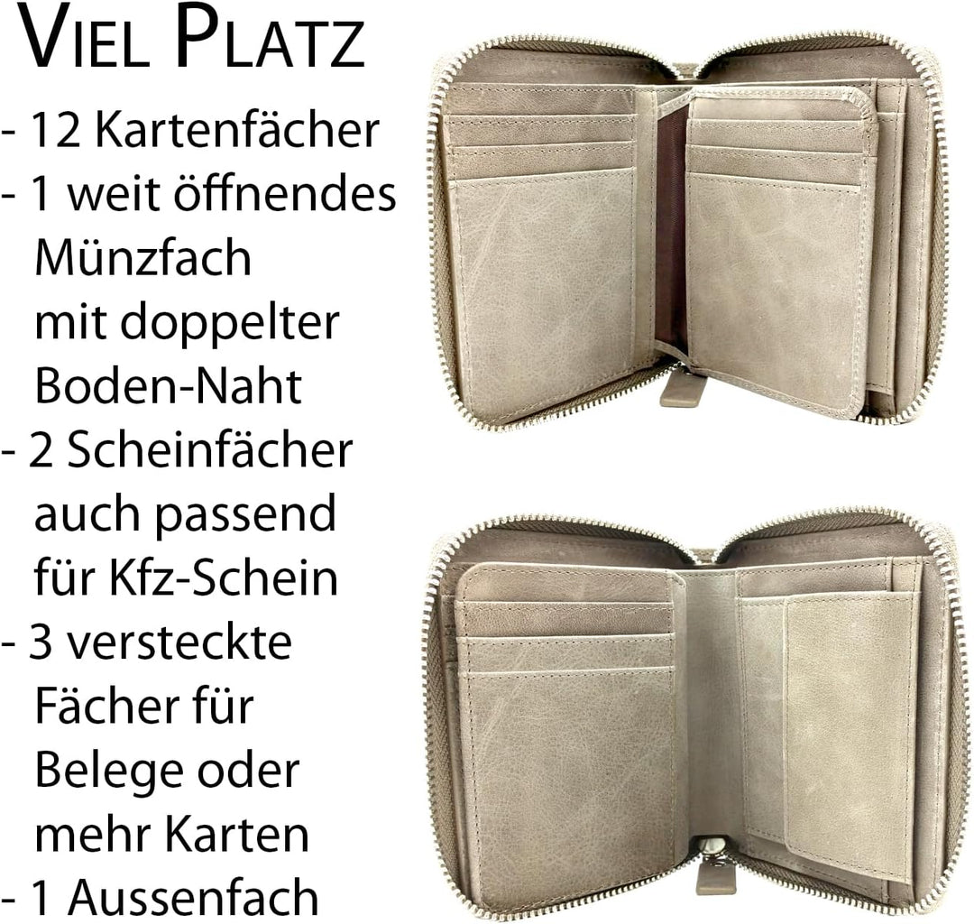 Damen Portemonnaie, Oil-Wax-Leder, grau, Reissverschluss, Münzfach, RFID Schutz - Geldbörse klein, P