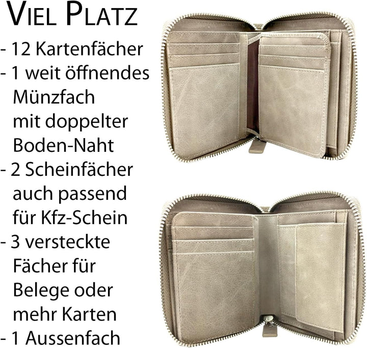 Damen Portemonnaie, Oil-Wax-Leder, grau, Reissverschluss, Münzfach, RFID Schutz - Geldbörse klein, P