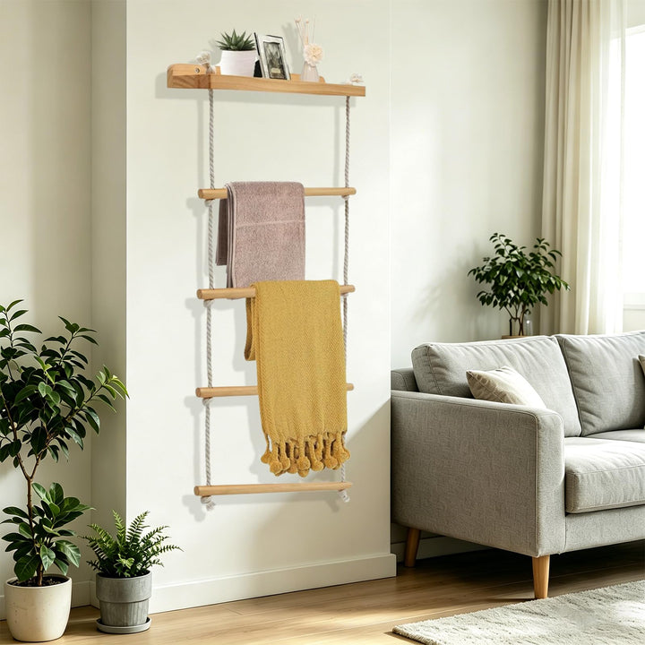 5-Schicht Handtuchhalter Wand Montage, 2-in-1 Multifunktionales Holz Handtuchständer Badezimmer, Han