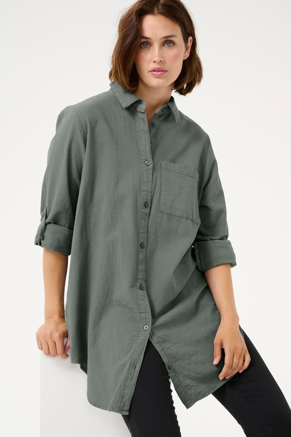 KAFFE Langarm - Hemd KAnaya Damen Hemd Langarm Kragen Lang Casual Hemdbluse 34 Balsam Green, 34 Bals