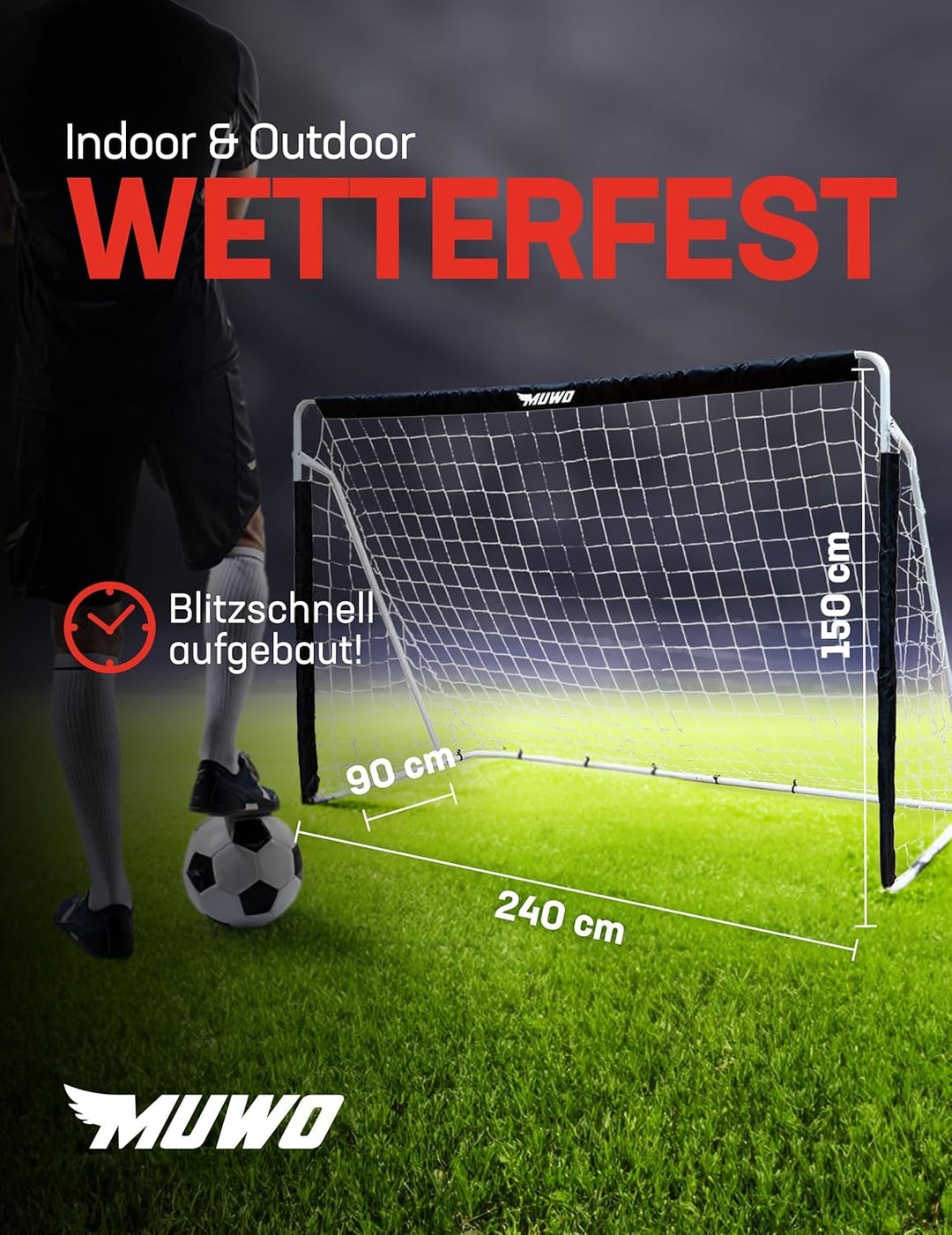 MUWO Fussballtor aus Stahl mit Textilmantel 240 x 150 cm, wetterfest und Outdoor geeignet, für Hof u