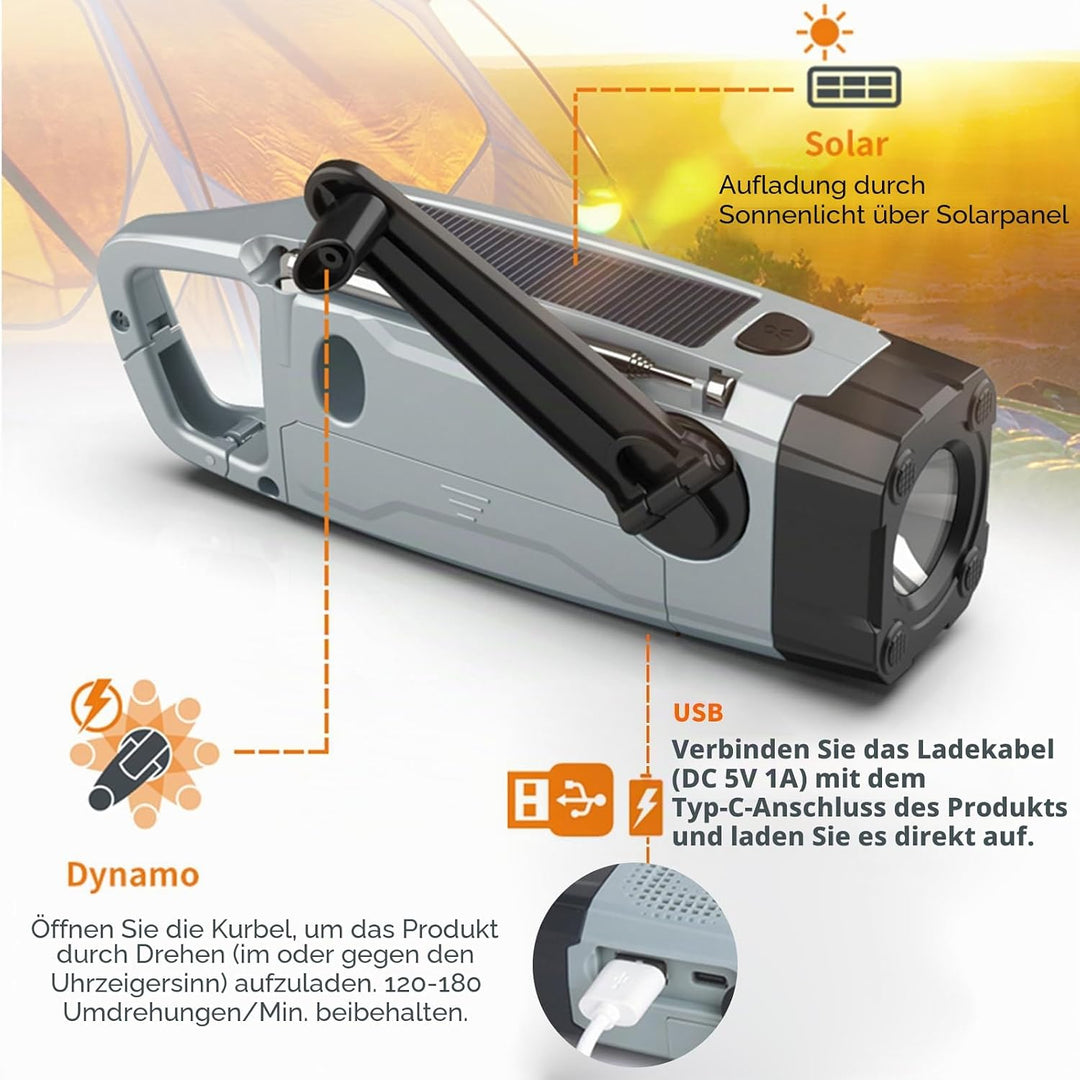 Notfallradio, FM AM SW NOAA Solar Radio Tragbar Kurbelradio mit LED Taschenlampe USB Handy Ladegerät