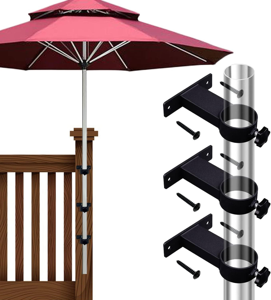 VANROUG 3 Stück schwarze Terrassen-Schirmhalter für den Aussenbereich, Klemmhalterung für Deckgeländ