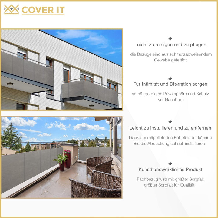 COVER IT Balkon Sichtschutz nach Mass 100 cm Grau | Balkonsichtschutz Meterware wetterfest mit Ösen